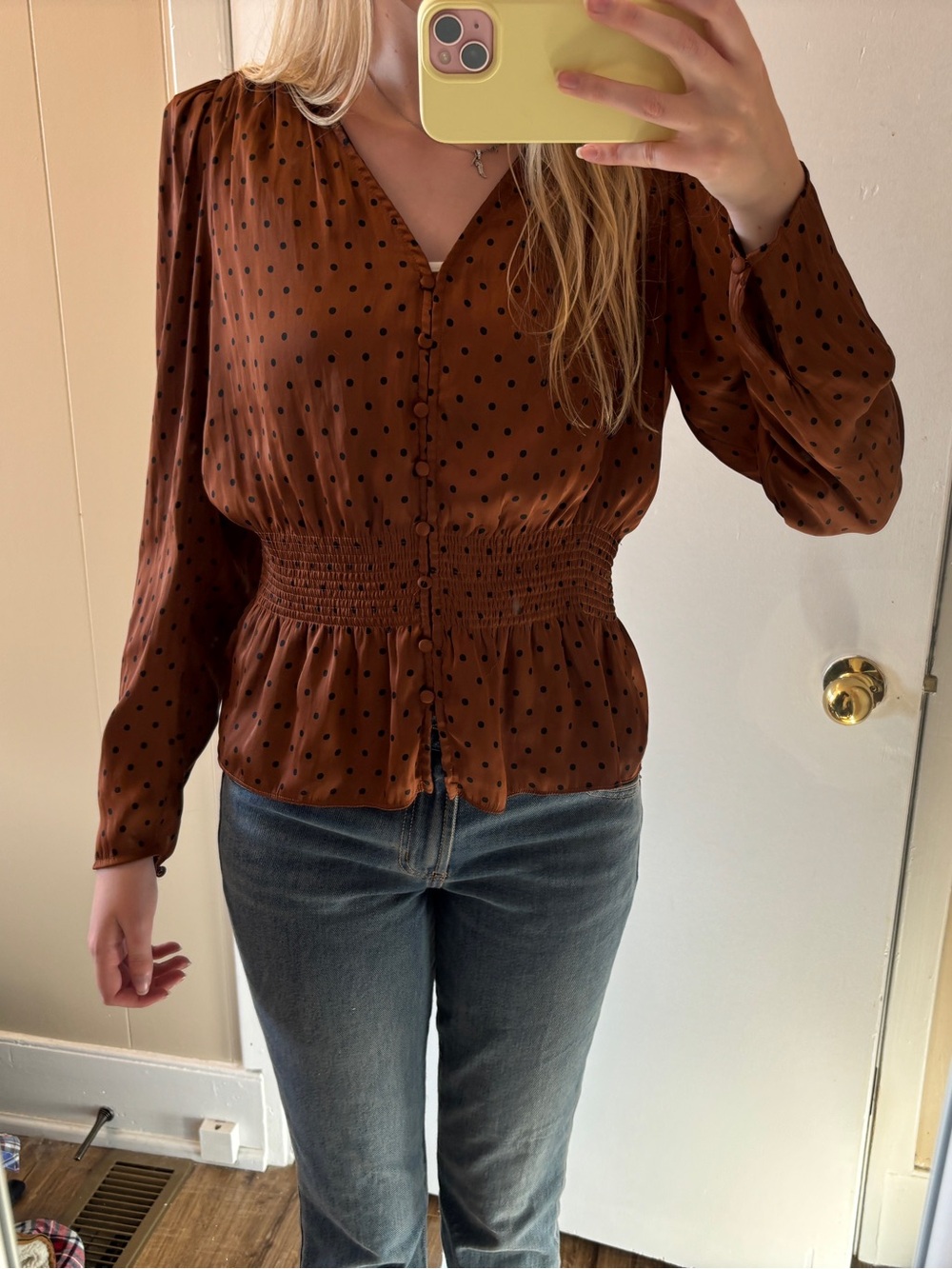 Brown Polka Dot Smocked Waist Blouse